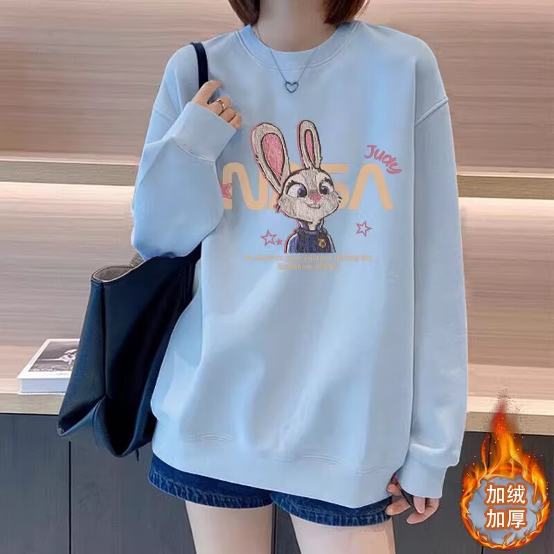 蓝色圆领卫衣女士2025新款时尚洋气欧货宽松大码加绒