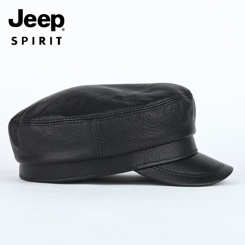 JEEP中老年解放军帽男士真皮帽子秋冬季平顶帽女韩版潮流百搭帽时尚 帽檐无线 M L【适合55-56c】