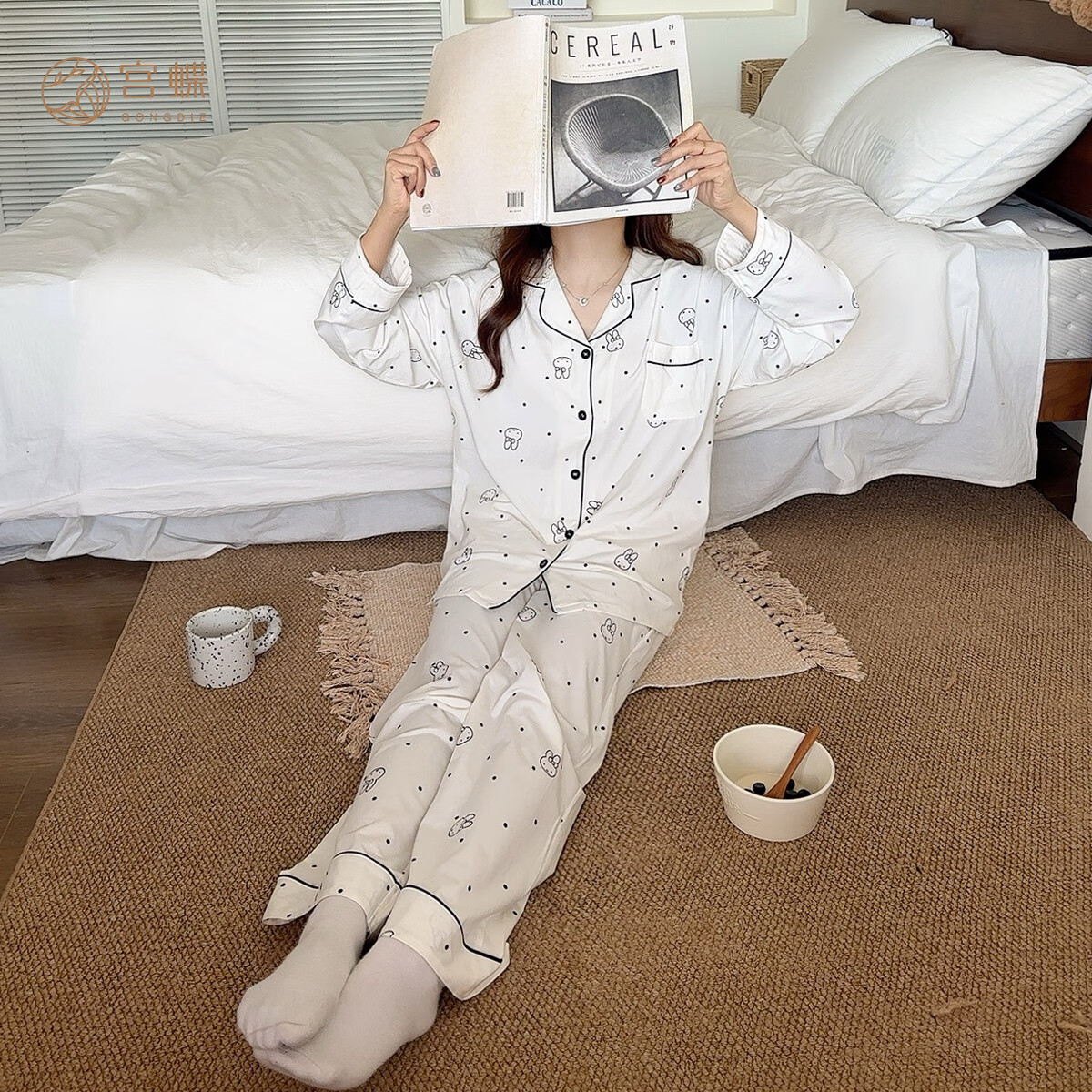 宫蝶【礼盒装】米菲长袖睡衣女纯棉春秋款卡通满印波点家居服套装 米菲长袖波点套装 L （建议100-120斤）