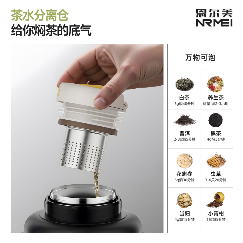 恩尔美（nRMEi）保温壶杯大容量316不锈钢家用暖热水瓶便携车载户外旅行保温水壶 【抗菌316】夜空黑2.0升【保温72小时+双节茶仓】