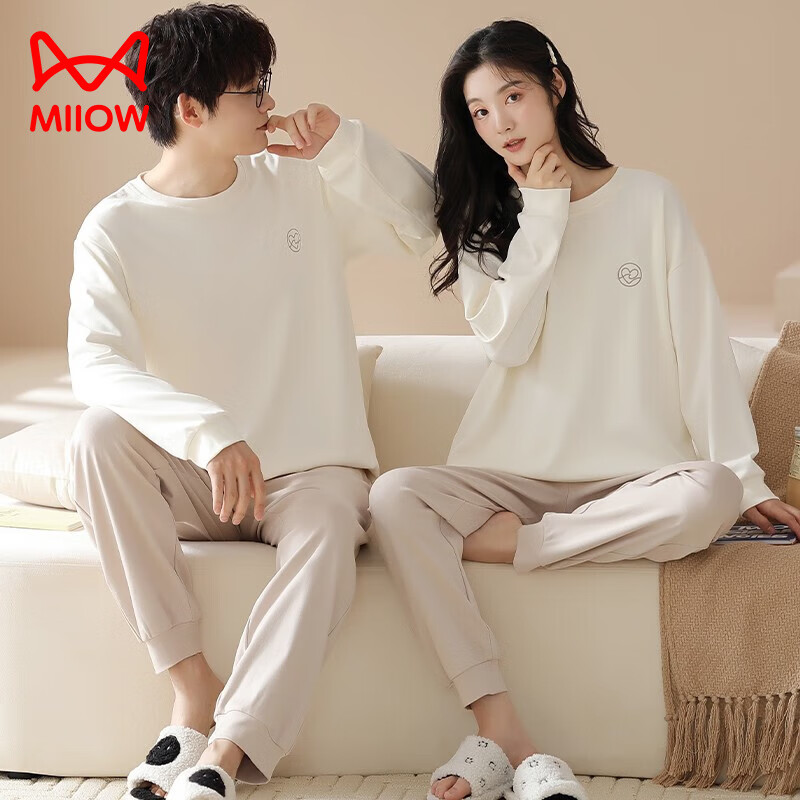 猫人100%纯棉睡衣女秋冬季长袖长裤宽松大码情侣家居服男士套装可外穿 96828米白色 XL 女款 (建议120-140斤)