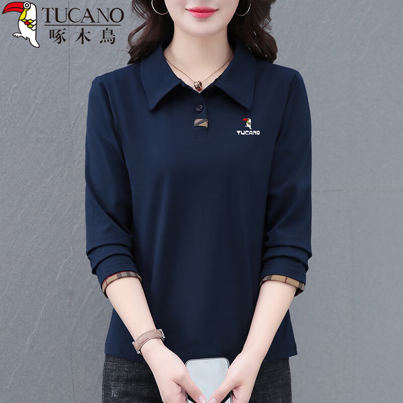 啄木鸟长袖t恤女纯棉POLO衫翻领正肩显瘦春秋新款运动休闲上衣 深蓝 2XL
