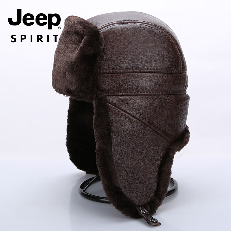 吉普(JEEP)冬季头层牛皮雷锋帽保暖护耳真皮帽子男士中老年人加厚东北老人帽 棕色真羊毛 58-59cm