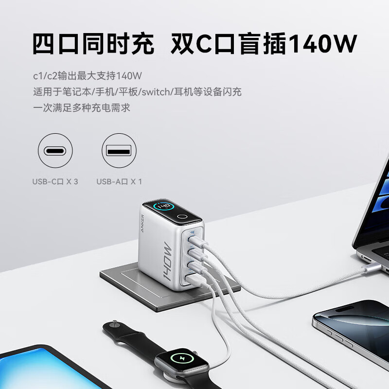 ANKER【新3C认证】安克充电器140W灵光智显氮化镓首款AI屏显type-c四口充电头配线快充iPhone17手机电脑 【深灰色】智能屏显140W四口快充+1.5米双C线