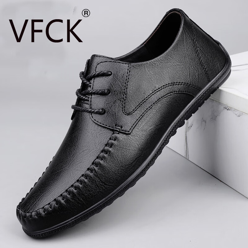 VFCK官方正品男鞋2025新款真皮透气商务休闲皮鞋男软皮软底系带驾车鞋 黑色CK-9810 46 (280mm) 标准皮鞋尺码