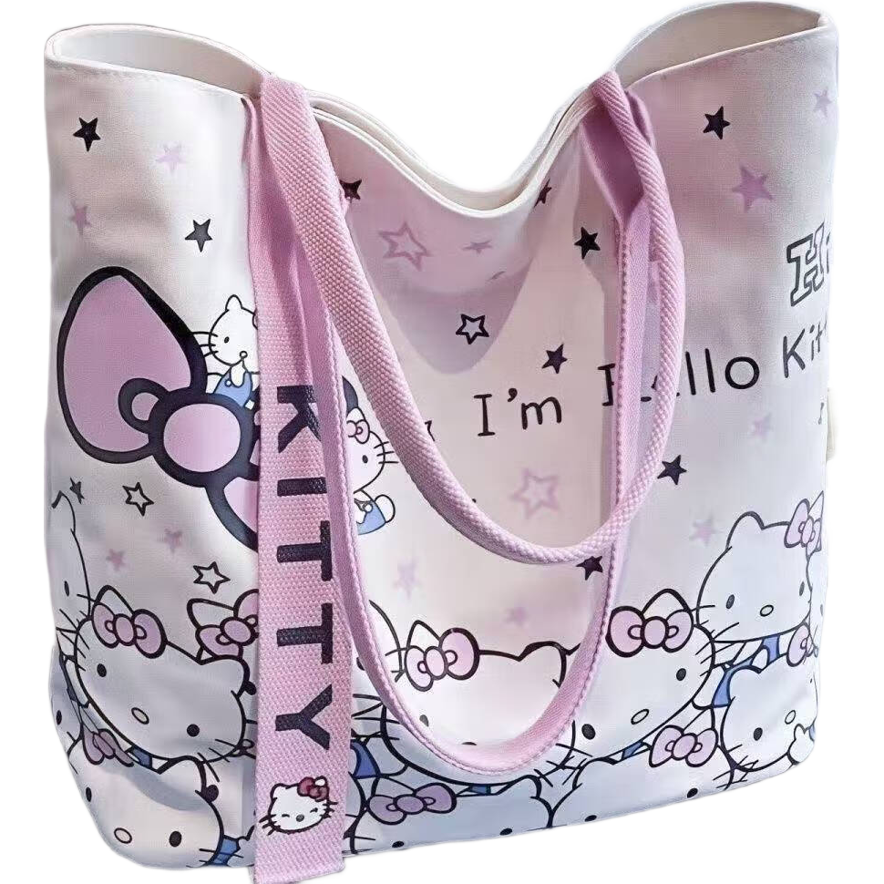 韩系卡通蝴蝶结手提包日系极简帆布包单肩上课通勤便当包 粉色KT【带飘带】27*26cm