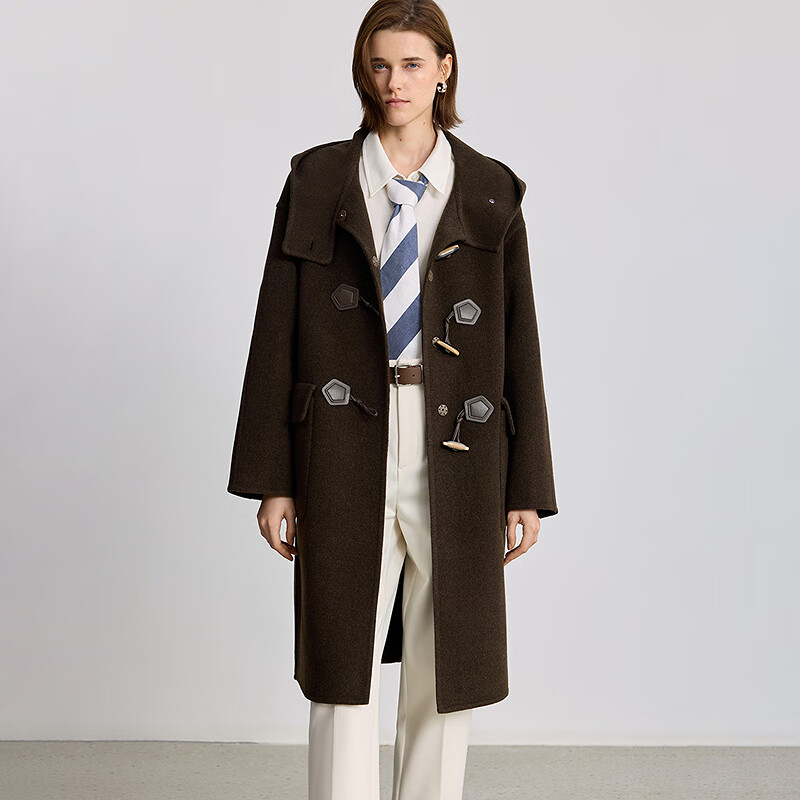 LILY100%羊毛2025冬新款女装复古学院风牛角扣双面呢毛呢大衣外套 308橄榄绿 M