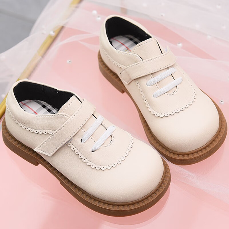 卜丁（BUDING）女童皮鞋2023新款春季中大童鞋小女孩宝宝牛皮公主鞋英伦儿童单鞋 米白色 29 内长约 18.7cm高性价比高么？