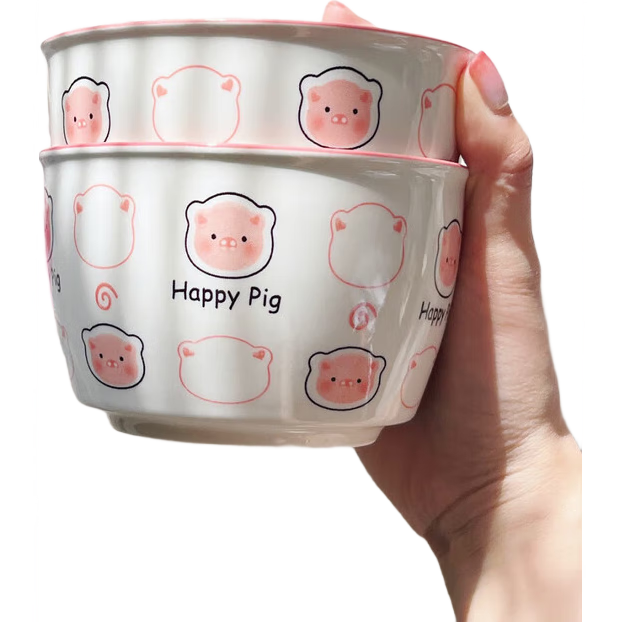 釉下彩可爱卡通碗碟套装家用高颜值陶瓷碗筷盘餐具 可爱猪2碗2勺