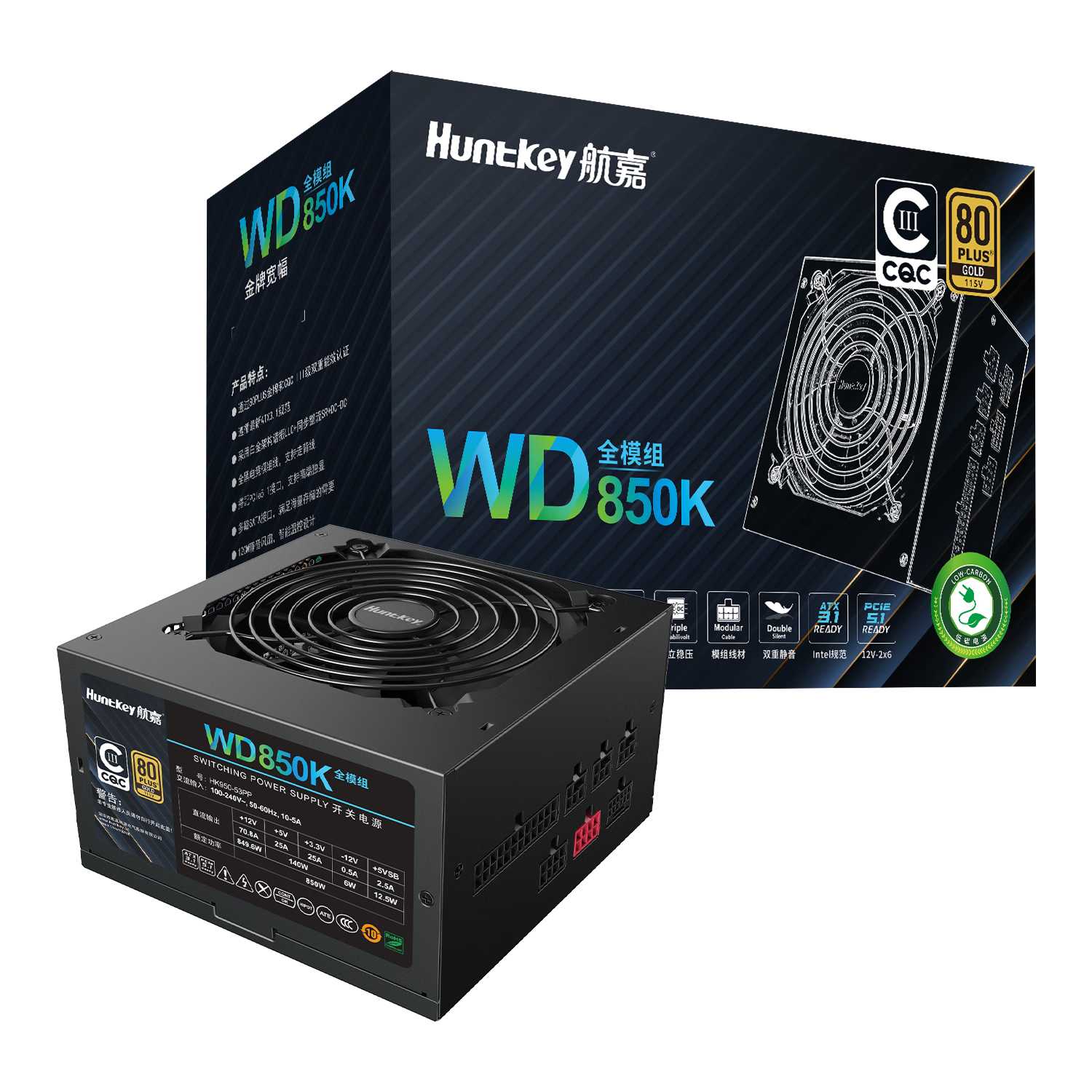 ڲΣHuntkeyWD850Kȫģ 850WԵԴ80PLUS/·70.8A/ԭPCIe5.1/ȫѹ/LLC+SR+DC-DC 438Ԫ