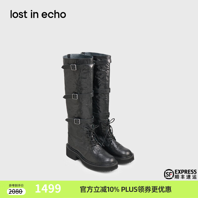 lost in echo2025早秋新款圆头扣饰绑带高筒骑士靴 黑色 39