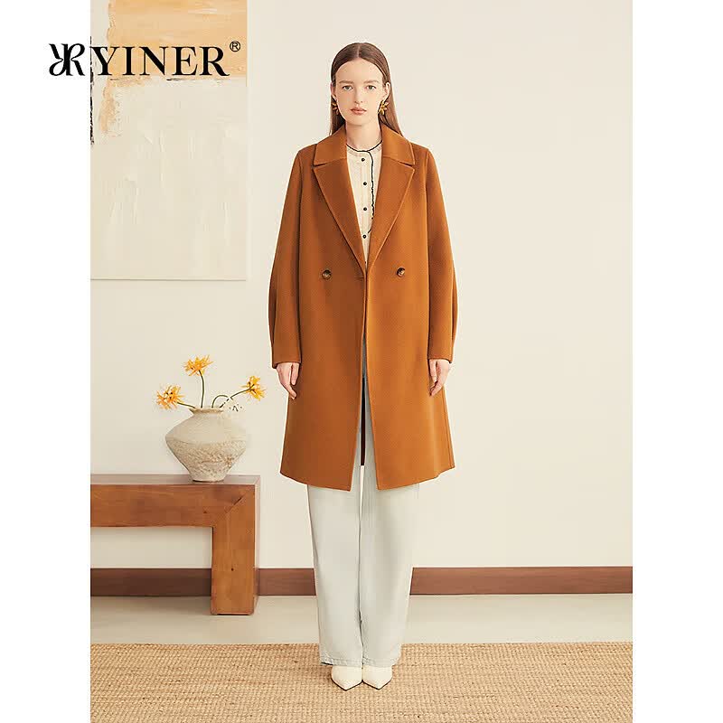 YINER音儿秋季专选80支澳洲美丽诺纯羊毛双面呢大衣外套 驼色 S