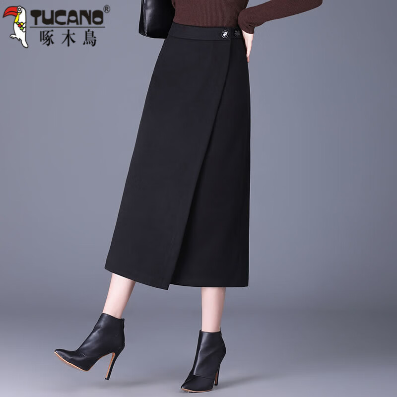 啄木鸟（TUCANO）毛呢半身裙女秋冬新款气质长裙一片式别致独特裙子直筒开叉包臀裙 黑色 M