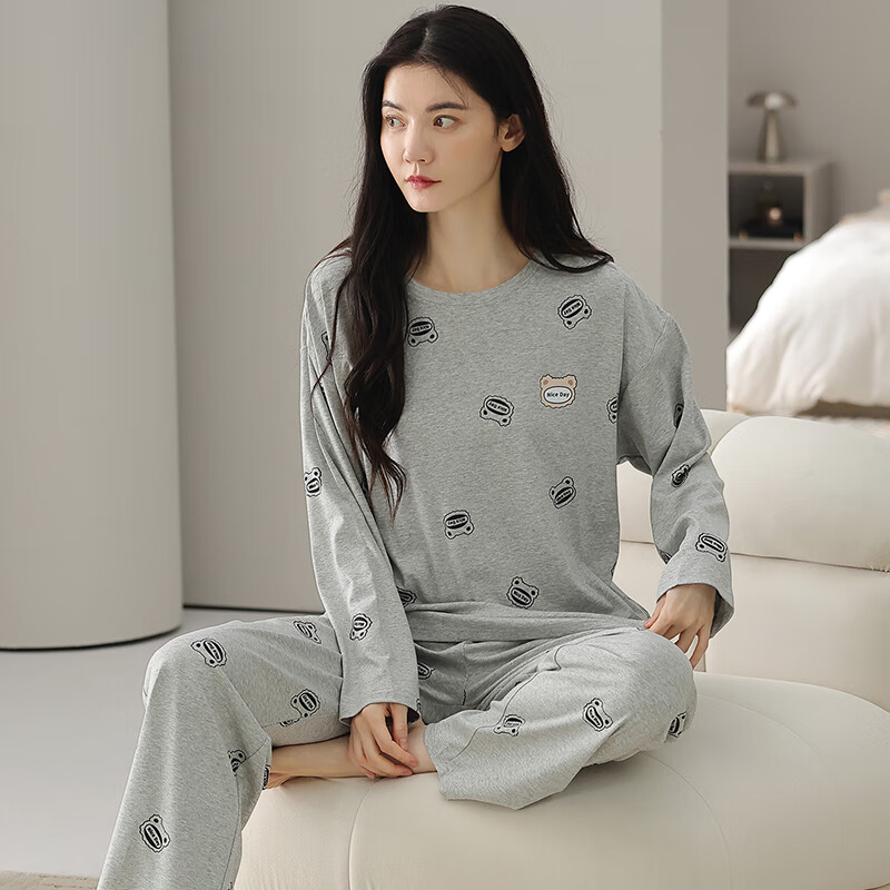 芬腾睡衣女100%纯棉秋新款柔软亲肤圆领套头家居服休闲外穿套装 灰色 L
