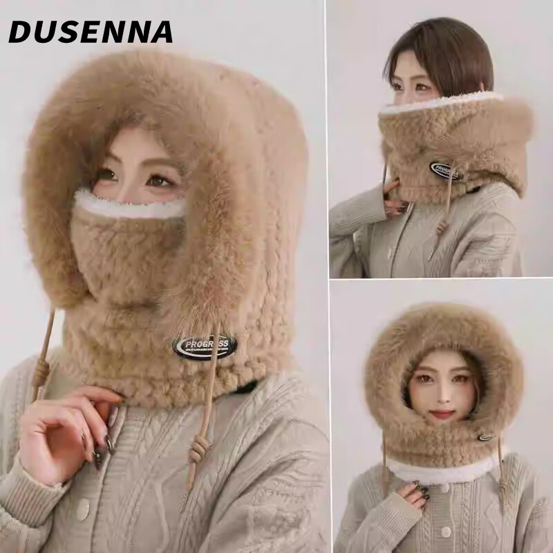 杜森纳帽子围脖口罩一体户外女冬季旅游防寒保暖骑行加厚毛绒护耳帽