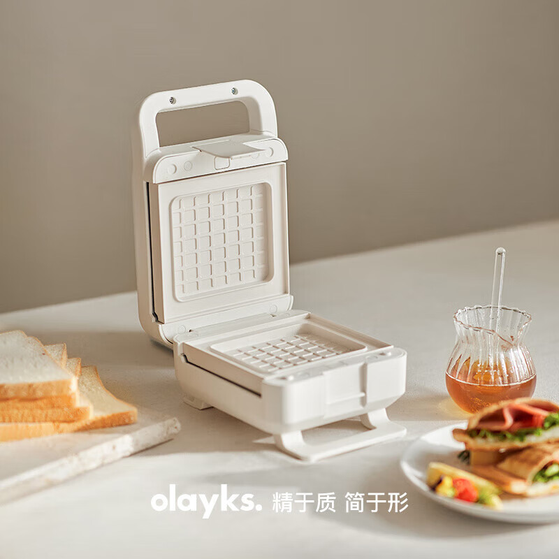 歐萊克(olayks)olayks立時三明治機厚壓定時早餐機家用多功能華夫餅吐司機面包機 陶白色(三明治盤)-陶瓷釉烤盤
