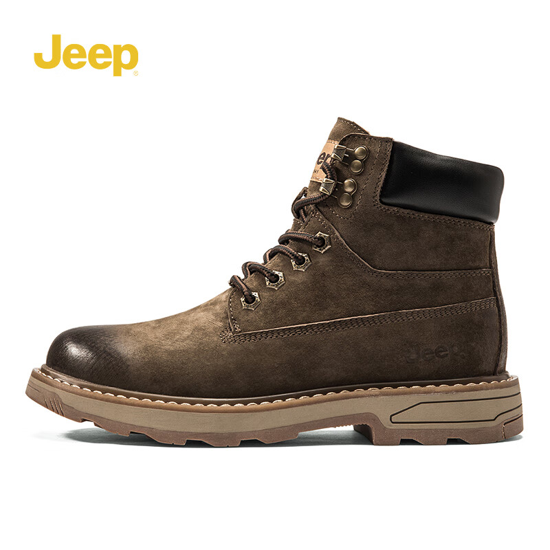 JEEP吉普马丁靴男秋冬季男士高帮百搭复古英伦风增高工装大黄靴子男鞋 卡其色 42
