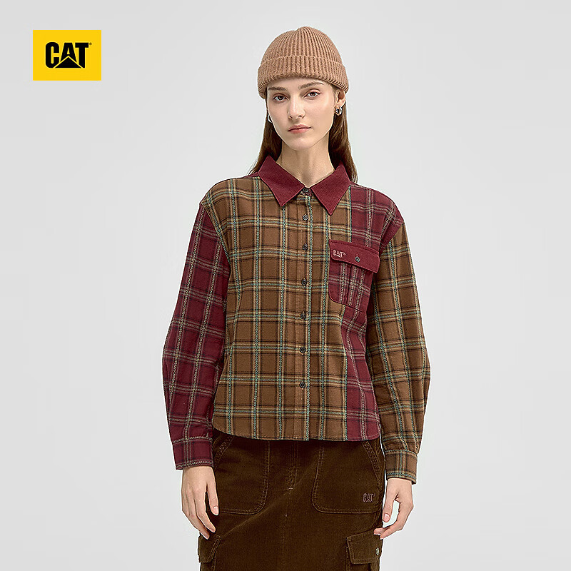 CAT卡特25秋季新品女士宽松户外工装贴袋格纹衬衫商场同款 深卡其色 L