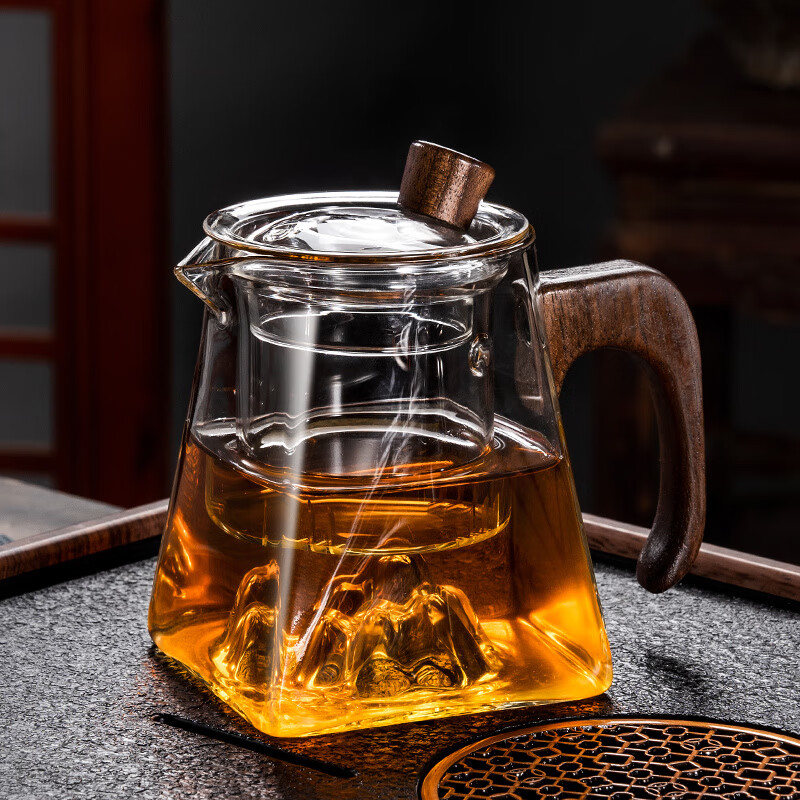 胖东来同款德国进口品质观山玻璃茶具套装茶壶盘耐热泡茶壶公道杯 茶盘套透明木柄观山壶+公 9件