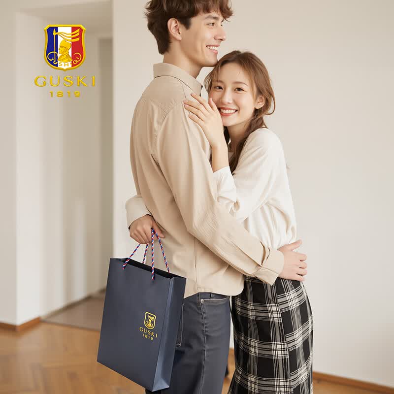 古士旗(GUSKI)品牌男士皮带男真皮自动扣头层牛皮腰带高档生日礼物送男友实用 轻奢时尚+头层牛皮【双扣头套装】 110cm -130cm联系客服指定长度