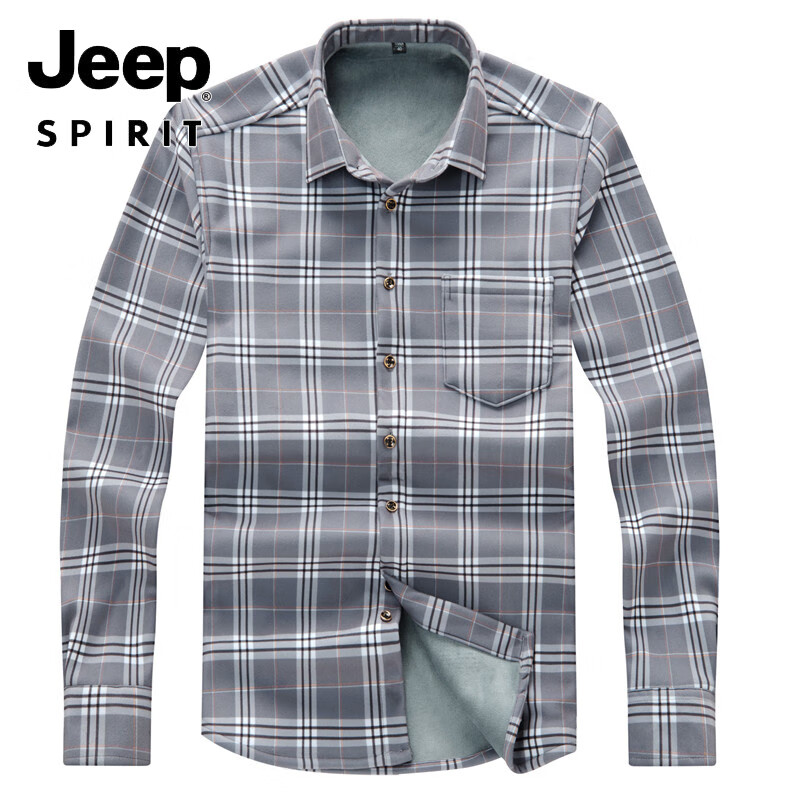 吉普(JEEP)轻奢男式磨毛保暖衬衫大码宽松加绒加厚双面绒秋冬厚款一体绒弹力 深灰格 保暖双面绒881 42