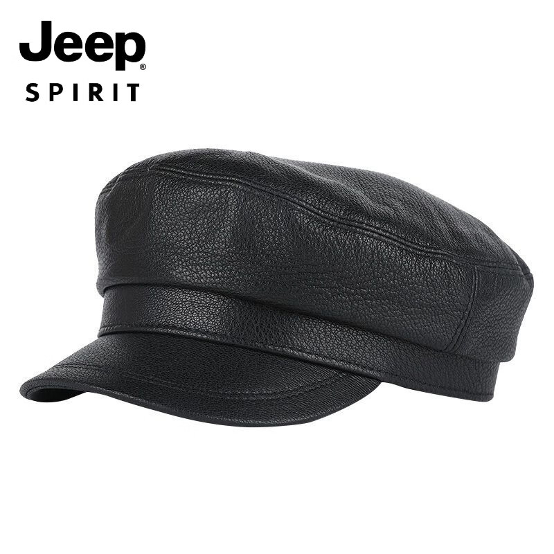 JEEP中老年解放军帽男士真皮帽子秋冬季平顶帽女韩版潮流百搭帽时尚 帽檐无线 M L【适合55-56c】