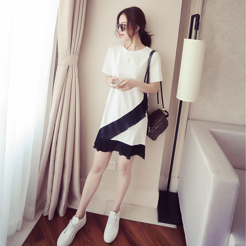 【现货直发】夏季中长款短袖t恤女荷叶边拼接大码宽松连衣裙女短 白色 M