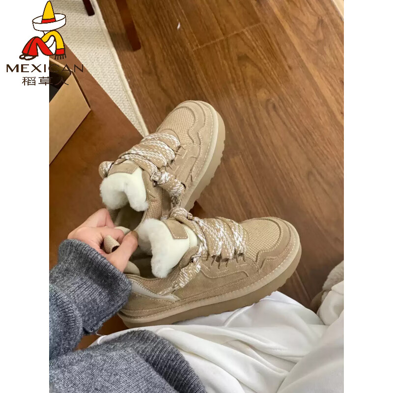 稻草人（MEXICAN）202+冬新款雪地靴羊皮毛一体系带防滑保暖运动休闲棉鞋羊毛雪地靴 沙色 41