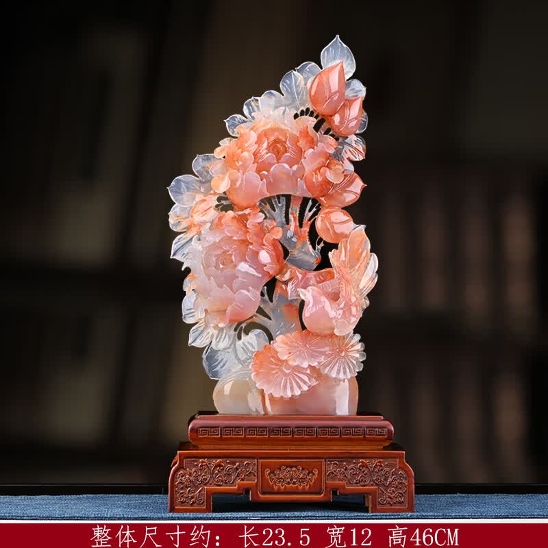 玄武石玉石牡丹花鸟玉雕摆件新中式客厅玄关家居办公室装饰工艺品送礼