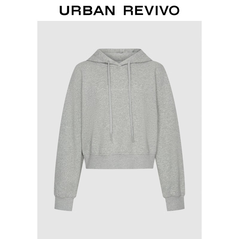 UR2026春季新款女装休闲字母刺绣连帽抽绳短款卫衣UYL450287 浅灰花灰 M