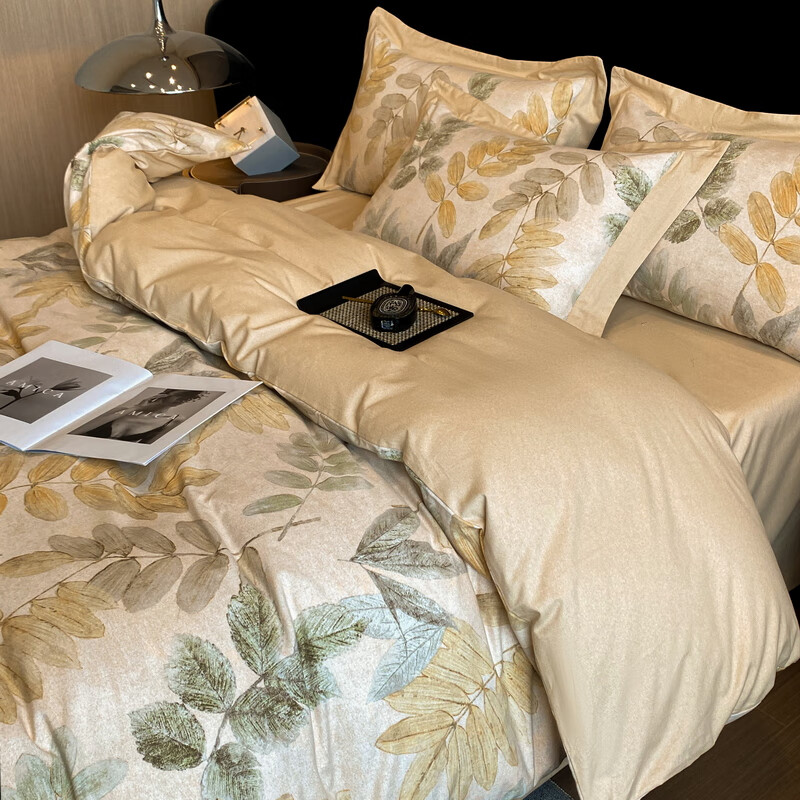 轩蓝仕长绒棉100s纯棉保暖拉绒磨毛四件套 植物印花双股全棉床品套件 春派cy 床单款 1.5米床(被套200*230cm)