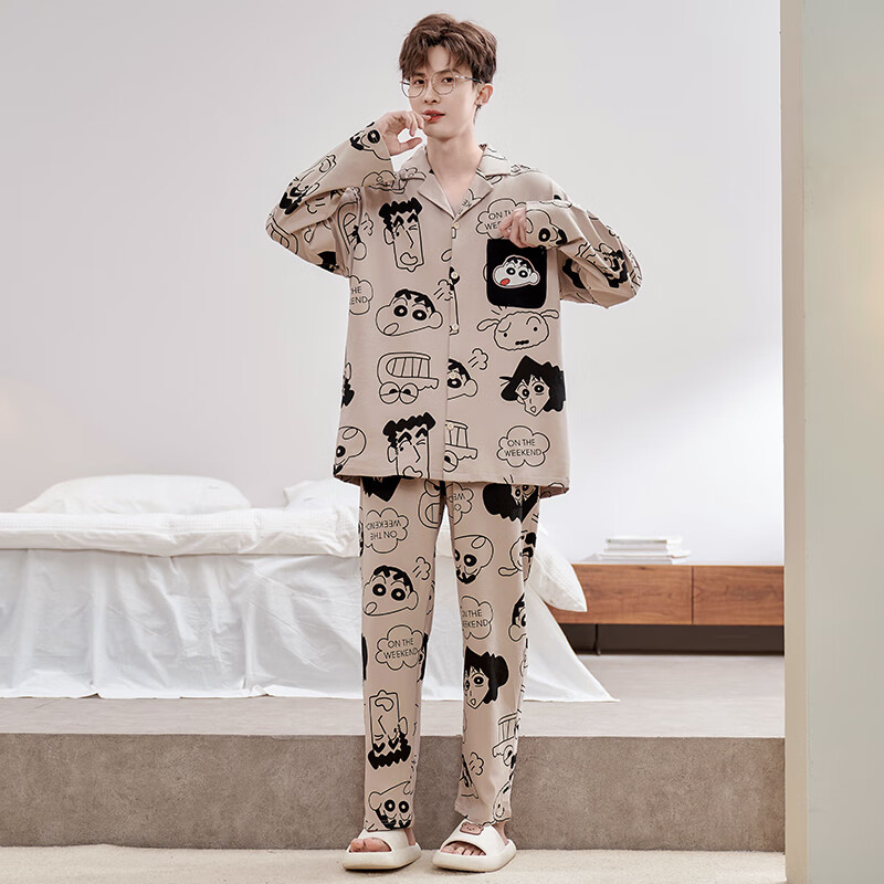 萧淑妃春秋季可外穿男士纯棉睡衣青少年学生卡通蜡笔小新开衫家居服套装 蜡笔小新 2XL