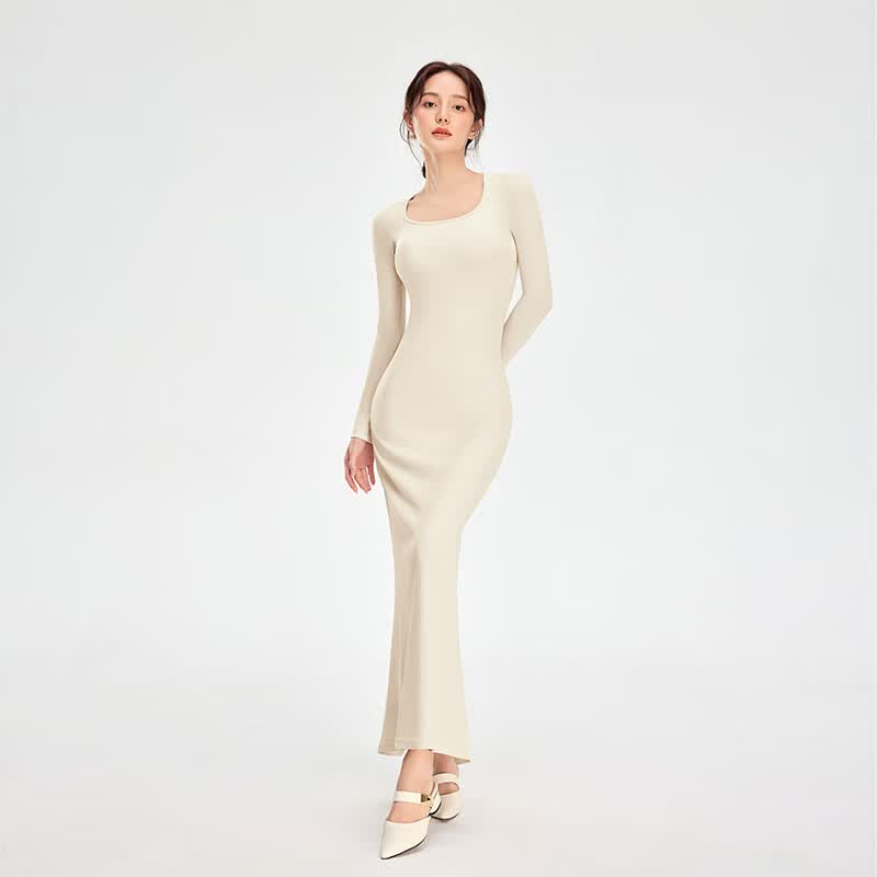 曲线主义Curve【张雨绮同款】长袖U领修身显瘦连衣裙包臀可外穿睡裙女秋冬 黑色 S 码（85-110斤）