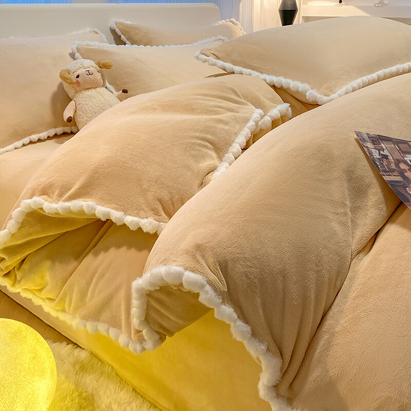 猫人（MiiOW）秋冬季牛奶绒四件套加厚保暖珊瑚绒法兰绒床单被套三件套学生宿舍 香槟色【双面加厚】 1.8m 床笠款 四件套-200x230cm被套