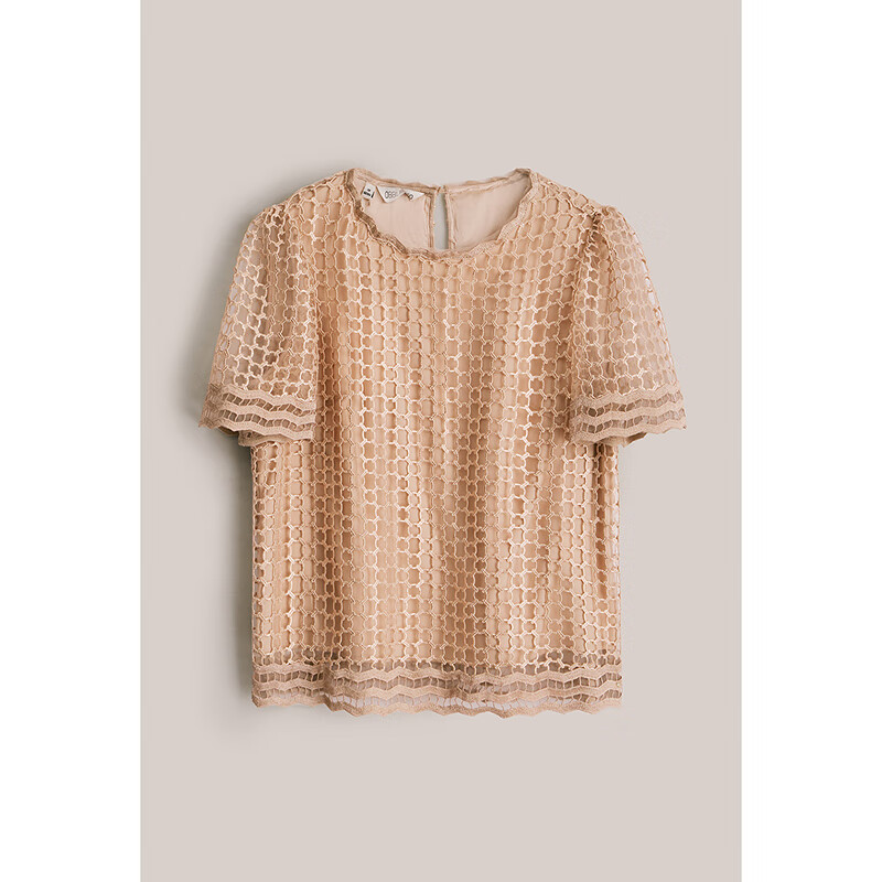 OBBLIGATO奥丽嘉朵夏季水绒花镂空刺绣圆领上衣 咖啡金 M