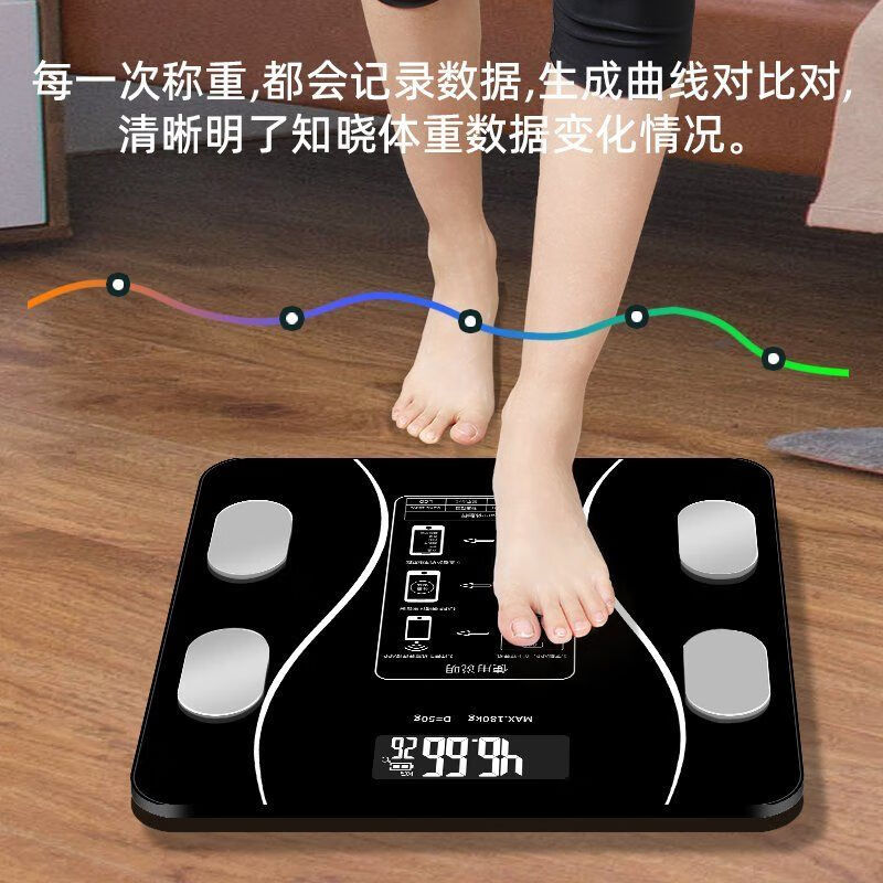 EITHON体重秤高精度家用精准电子秤人体健康称高清屏APP数据测脂量简直减肥手机充电款健身中老年语音 黑色
