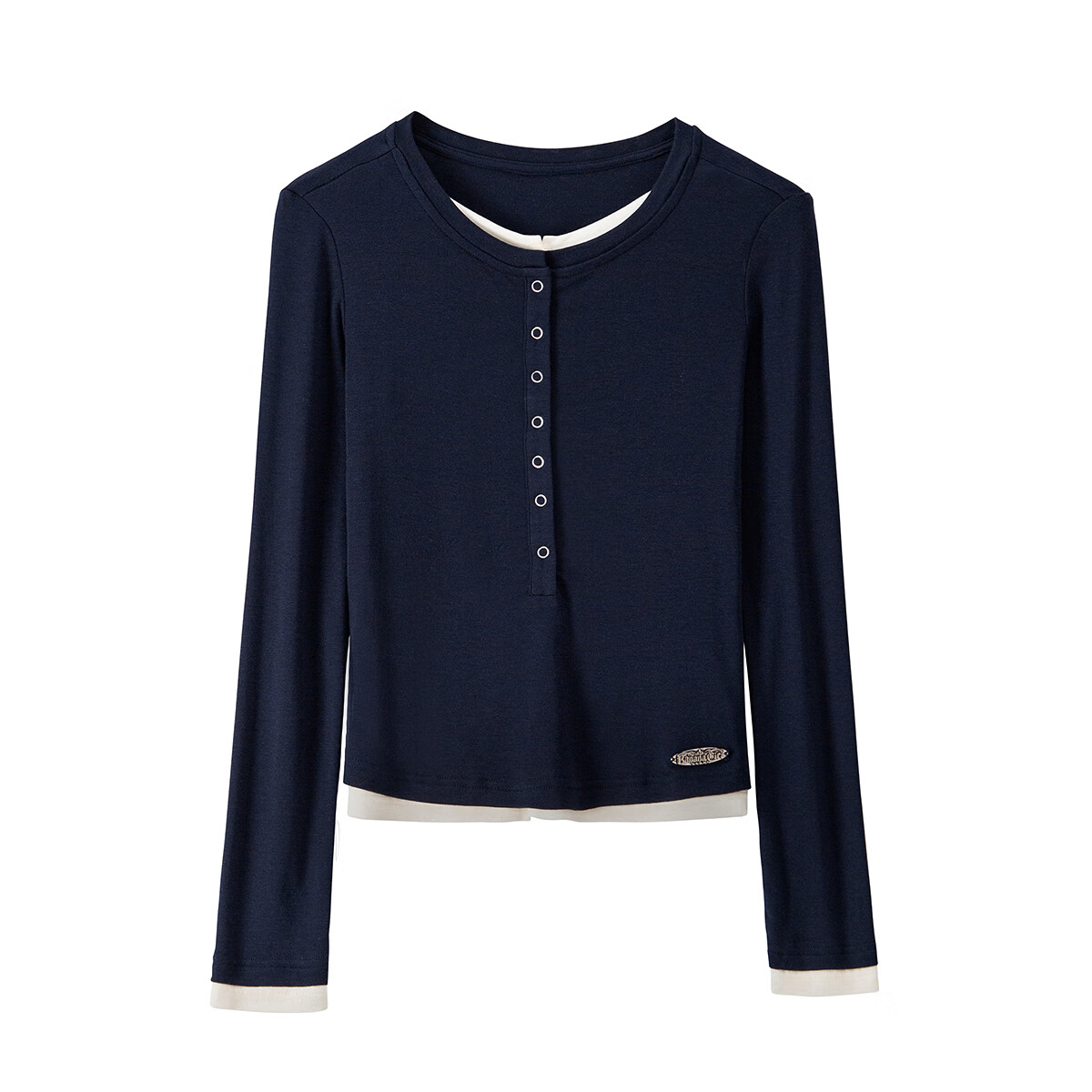 banana cici2025年秋季新款亨利领舒弹叠穿假两件撞色长袖T恤C2F3TX089 深蓝 S