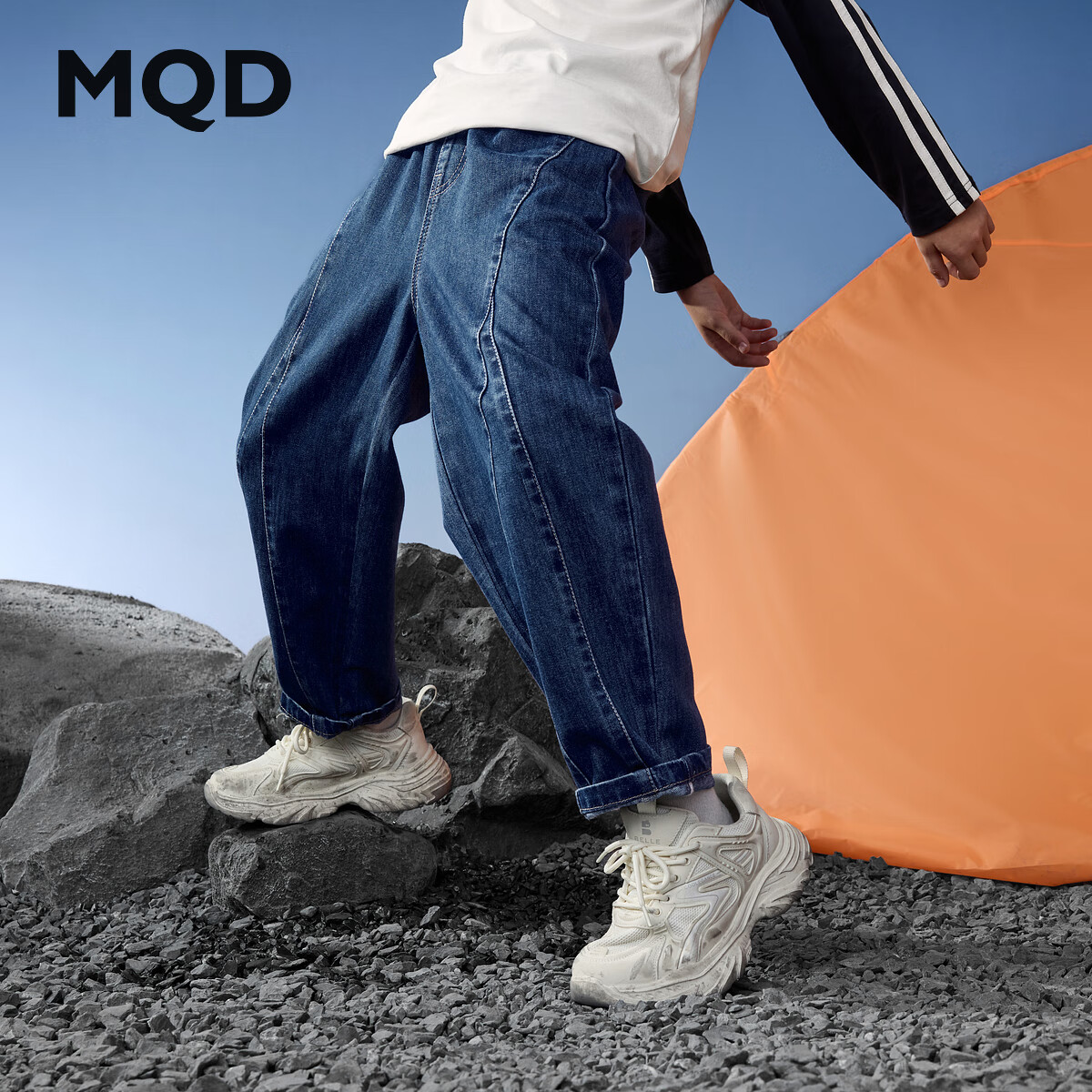 马骑顿(MQD)【老爹裤】男童25秋新款街潮学院风立体剪裁撞色口袋牛仔裤 深牛仔蓝 140 京东折扣/优惠券