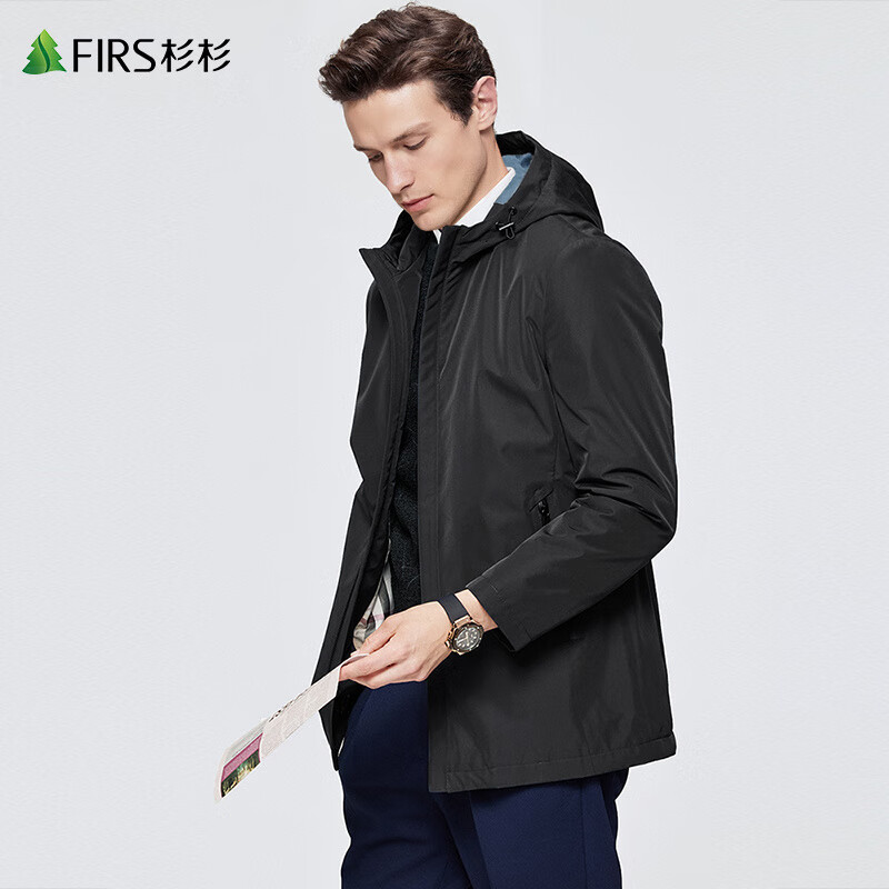 杉杉（FIRS）男装中长版连帽风衣男士2025秋季新款防泼水外套 黑色 S 165_84A_