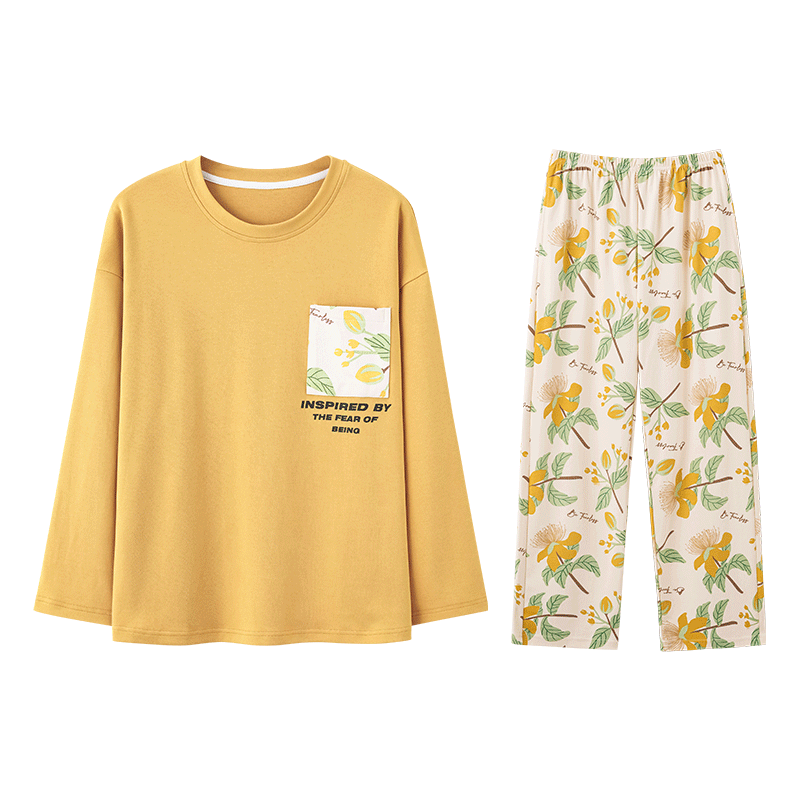 芬腾睡衣女【100%纯棉】秋冬新款圆领长袖花卉睡衣女家居服套装女神节 黄色 L