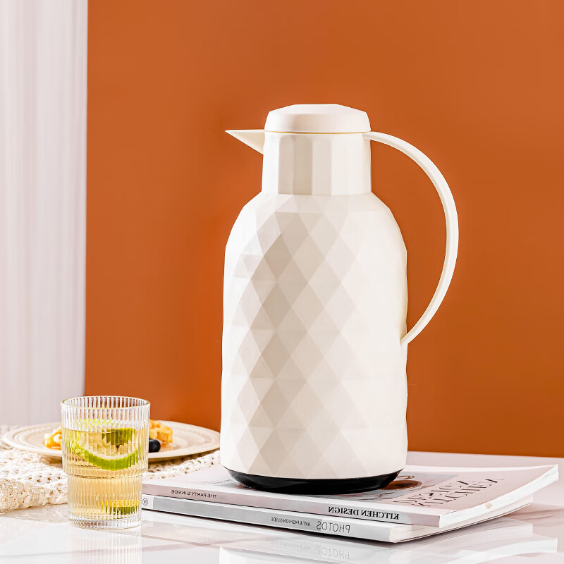 乐唯诗（LOVWISH） 保温壶家用办公室保温瓶热水瓶车载水壶暖水壶玻璃内胆开水瓶 钻纹保温壶【按压款】米白色1400ml