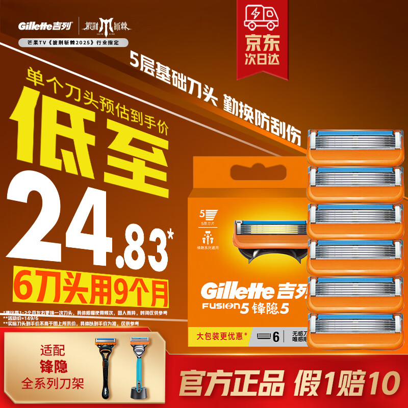 吉列刀片 适配锋隐5经典 剃须刀片 吉列刀头 进口原装 5层刀片 6刀头 非吉利
