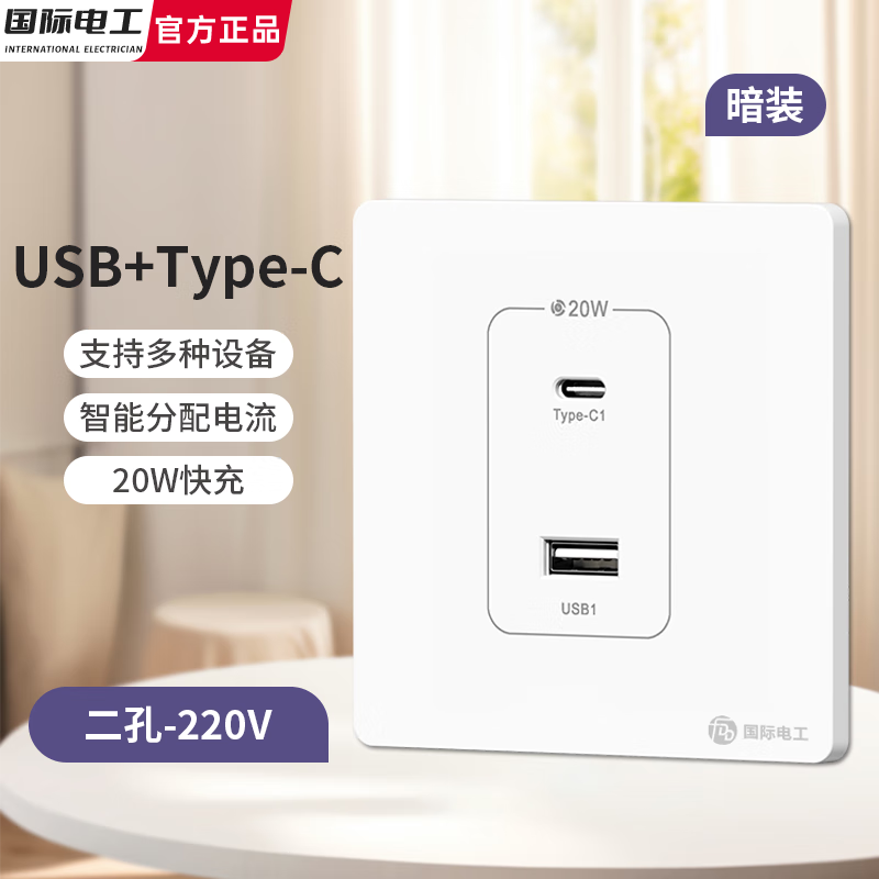 国际电工36V伏低压USB插座工地充电器面板20W瓦快充手机充电工地学校宿舍 白色220V【暗装二口U+C】20W快充