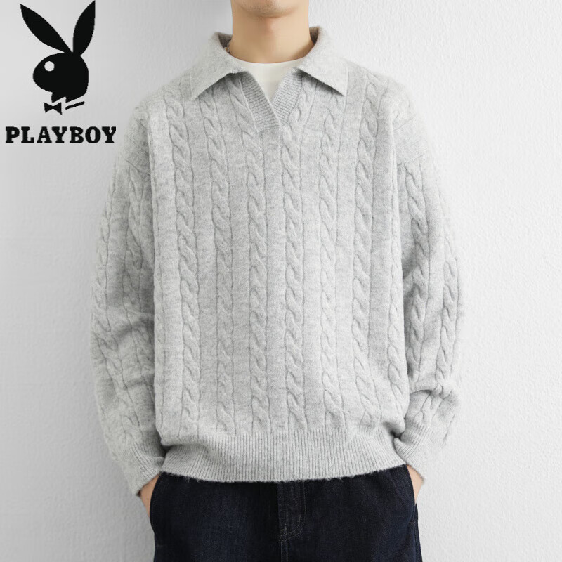 花花公子（PLAYBOY）美式复古慵懒麻花纹理假两件翻领套头毛衣男宽松拼接针织衫外套潮 黑色 M