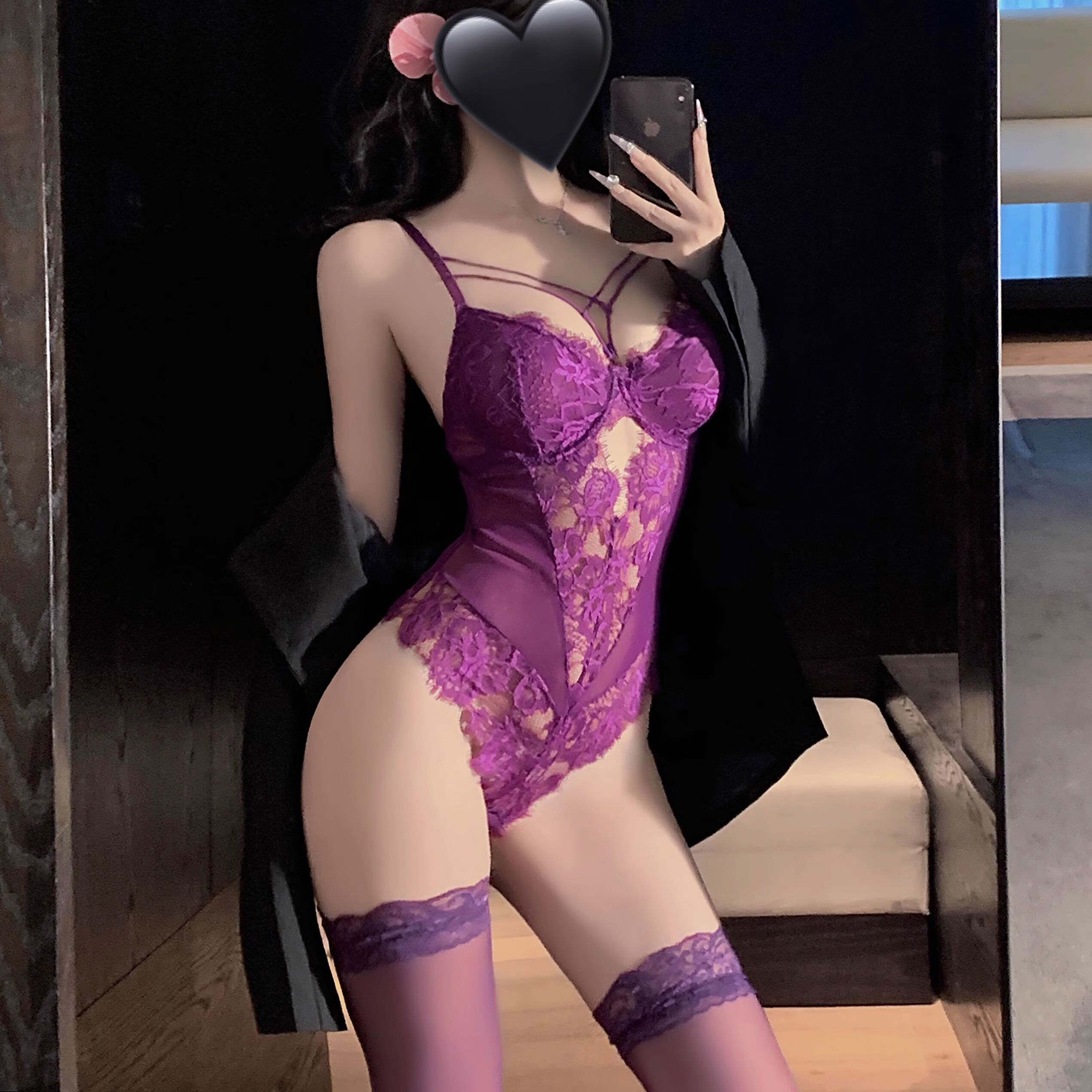 情趣内衣2025新款性感qqny小胸睡衣服纯欲紫色蕾丝连体衣制服 紫连体