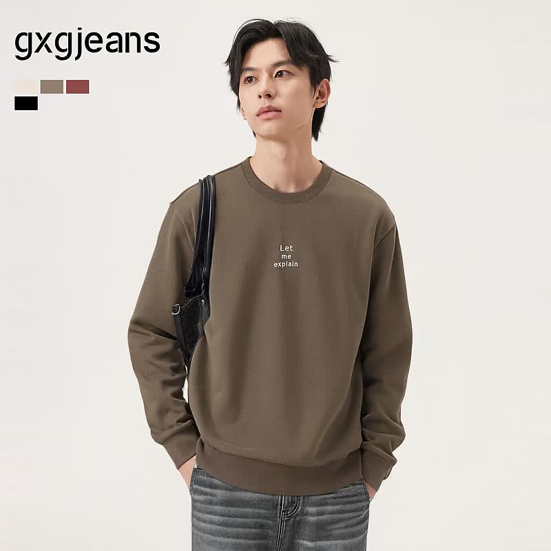 gxgjeans男装 多色字母绣花休闲基础圆领卫衣男生 25年秋新品 棕色 L (175)
