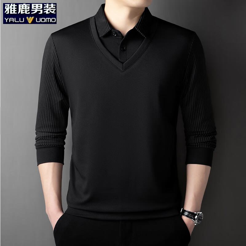 雅鹿男装假两件毛衣男士休闲翻领针织衫秋季薄款时尚潮流男装上衣t恤衫 黑色 2XL (180)(建议155-170斤)