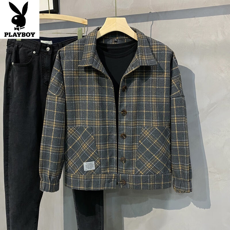 花花公子（PLAYBOY）秋冬季新款毛呢外套男青年百搭休闲翻领格子夹克高端潮牌修身上衣 灰色 2XL