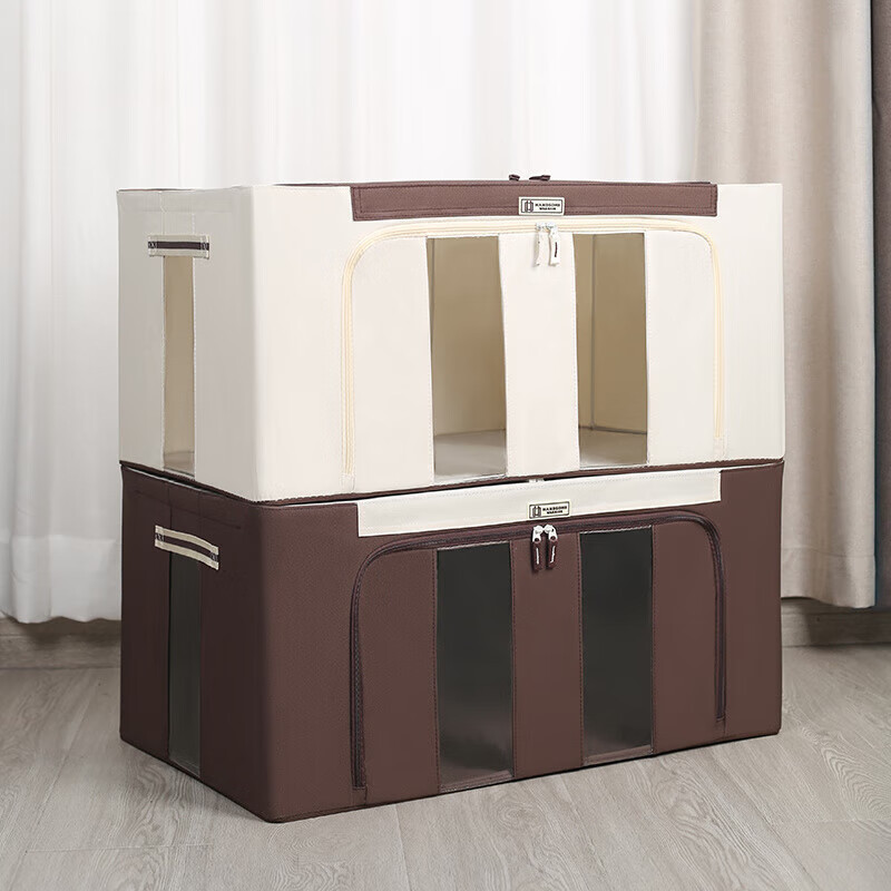 超大号120升牛津布钢架装棉被收纳箱拉链衣柜箱百纳箱折叠储物箱 超大号/承重强/米色