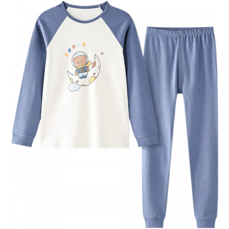 红豆儿童纯棉秋衣秋裤男女中大童内衣套装薄款小孩保暖棉毛衫A类睡衣 H5M1113蓝灰 150